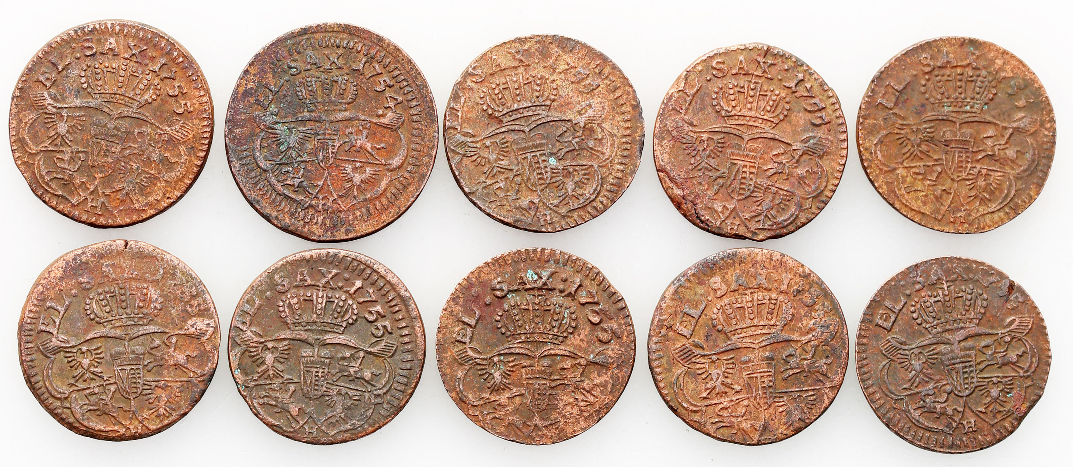 August III Sas. Grosz 1754-1755, zestaw 10 monet